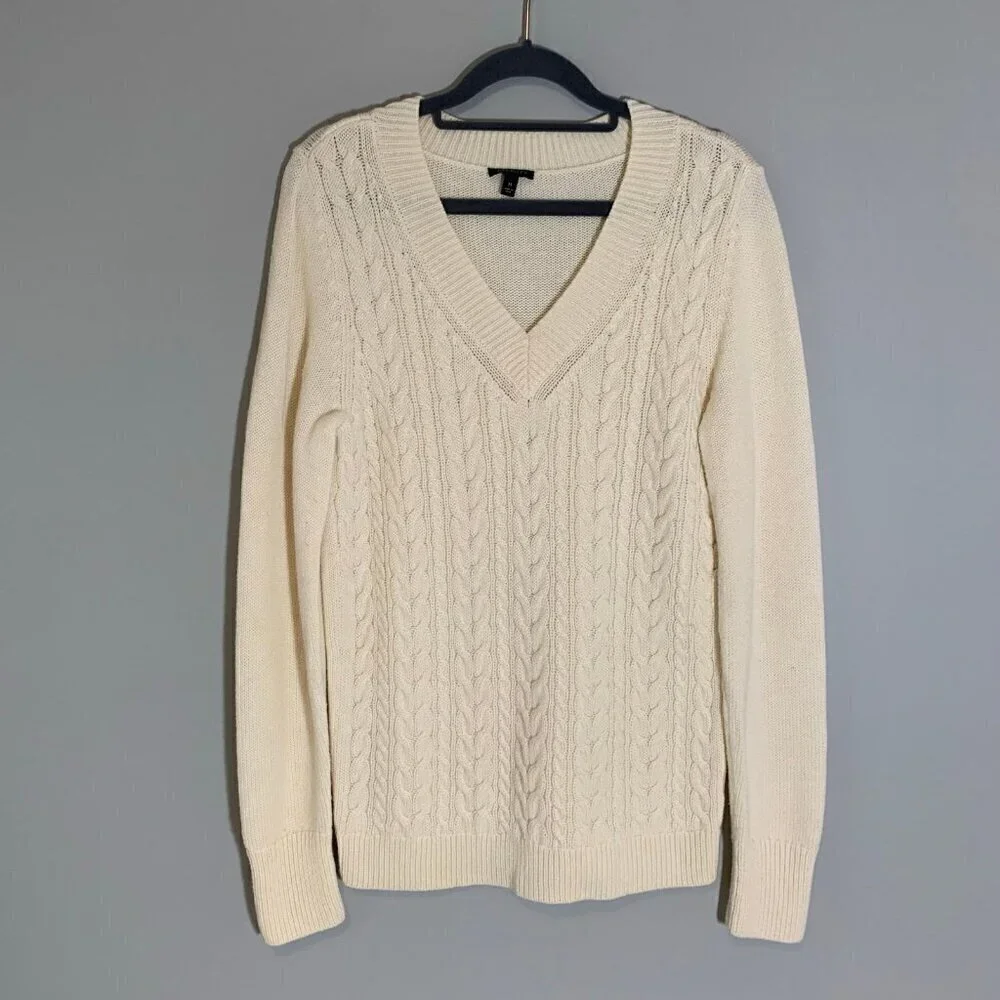 Talbots Cable Knit Sweater Women Medium Ivory V-Neck Lambswool Blend